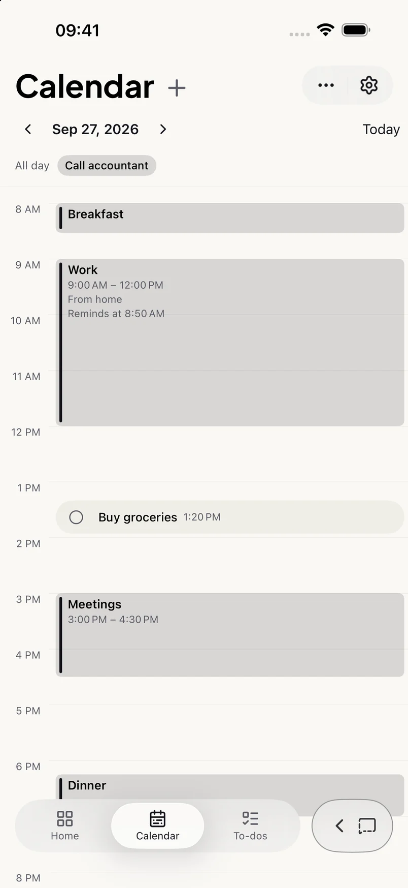 Sive Calendar day view with timed events, an all-day event, a reminder, and an event showing when its reminder rings.