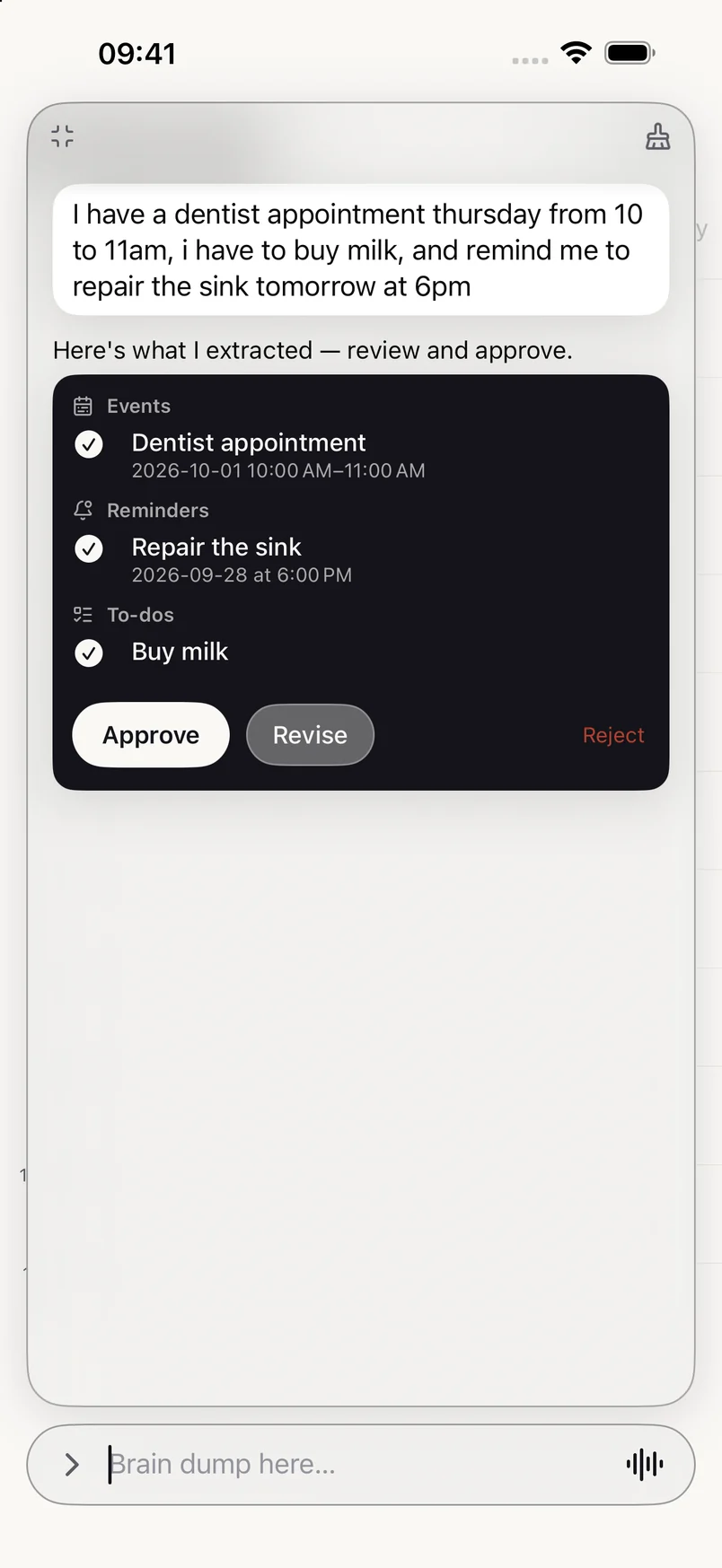Sive chat showing a review card with an event, a reminder and a to-do, and Approve, Revise and Reject buttons.