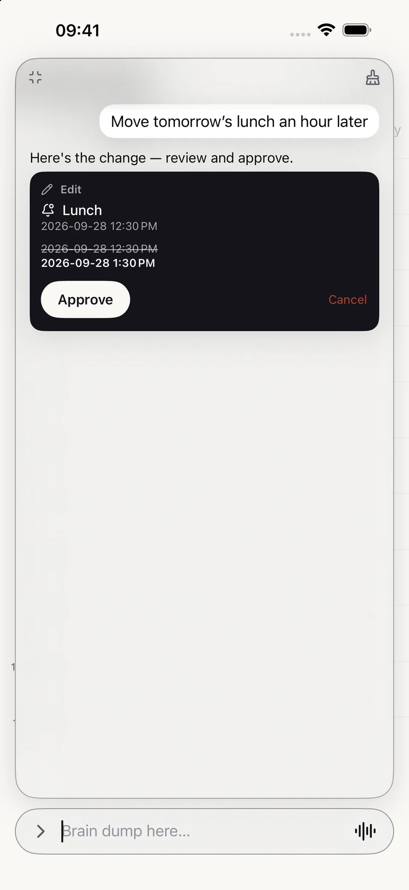 Sive chat moving a saved lunch an hour later, showing the old and new time on a card to approve.
