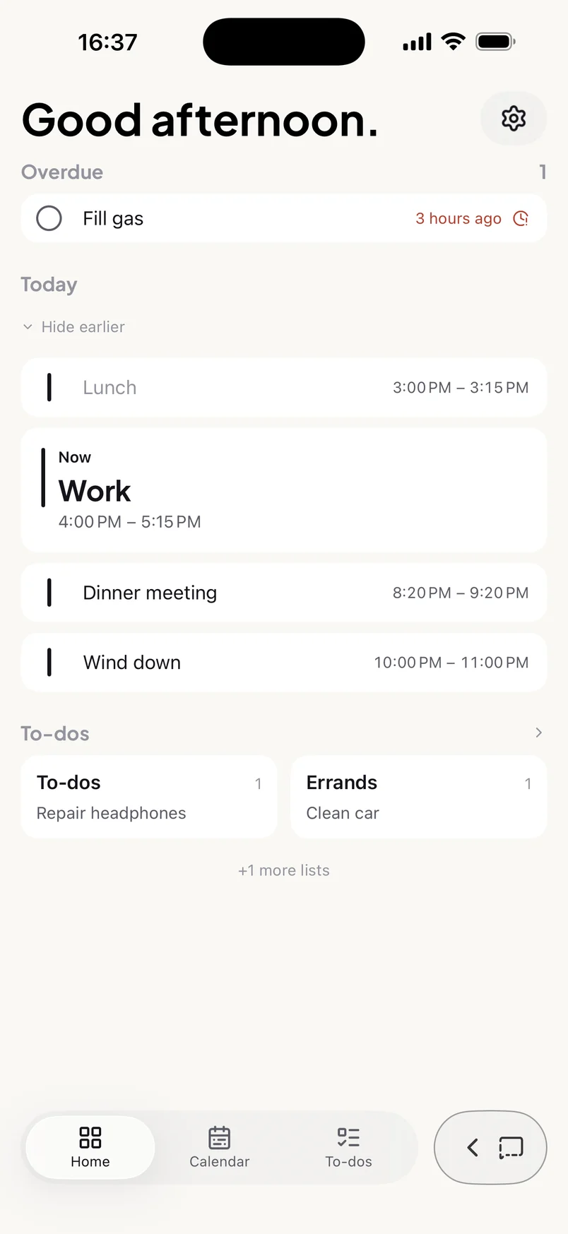 Sive Home screen: an overdue reminder, the event happening now, the rest of today and to-do lists.