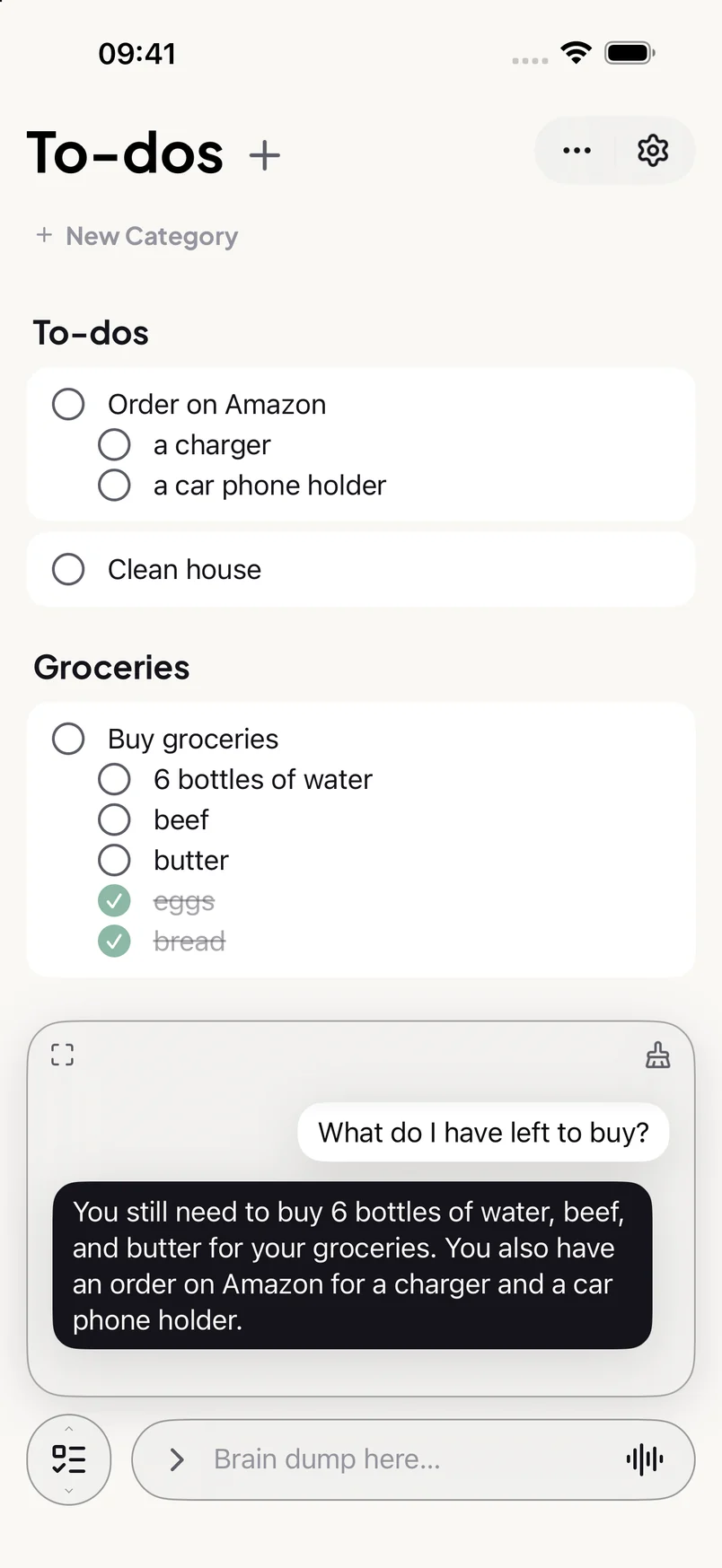 Sive To-dos with categories, a grocery list with ticked items, and the chat answering what is left to buy.